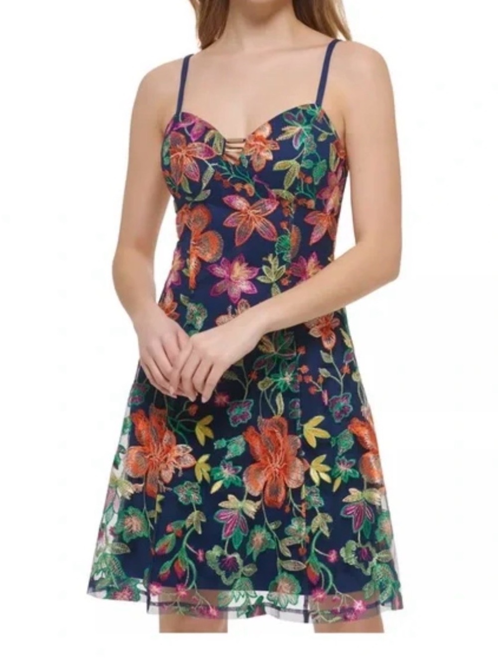 NWT! $148 Elegant and Chic Guess Navy Floral Embroidered Spaghetti Strap Dress
